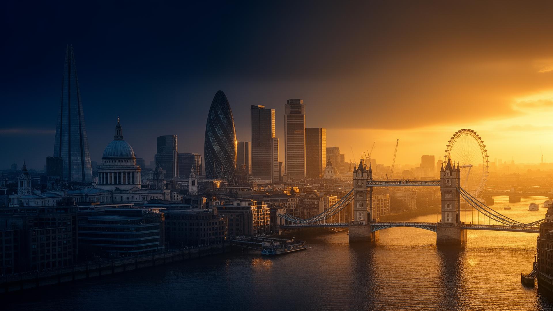 Cinematic London city skyline at dusk across the Thames